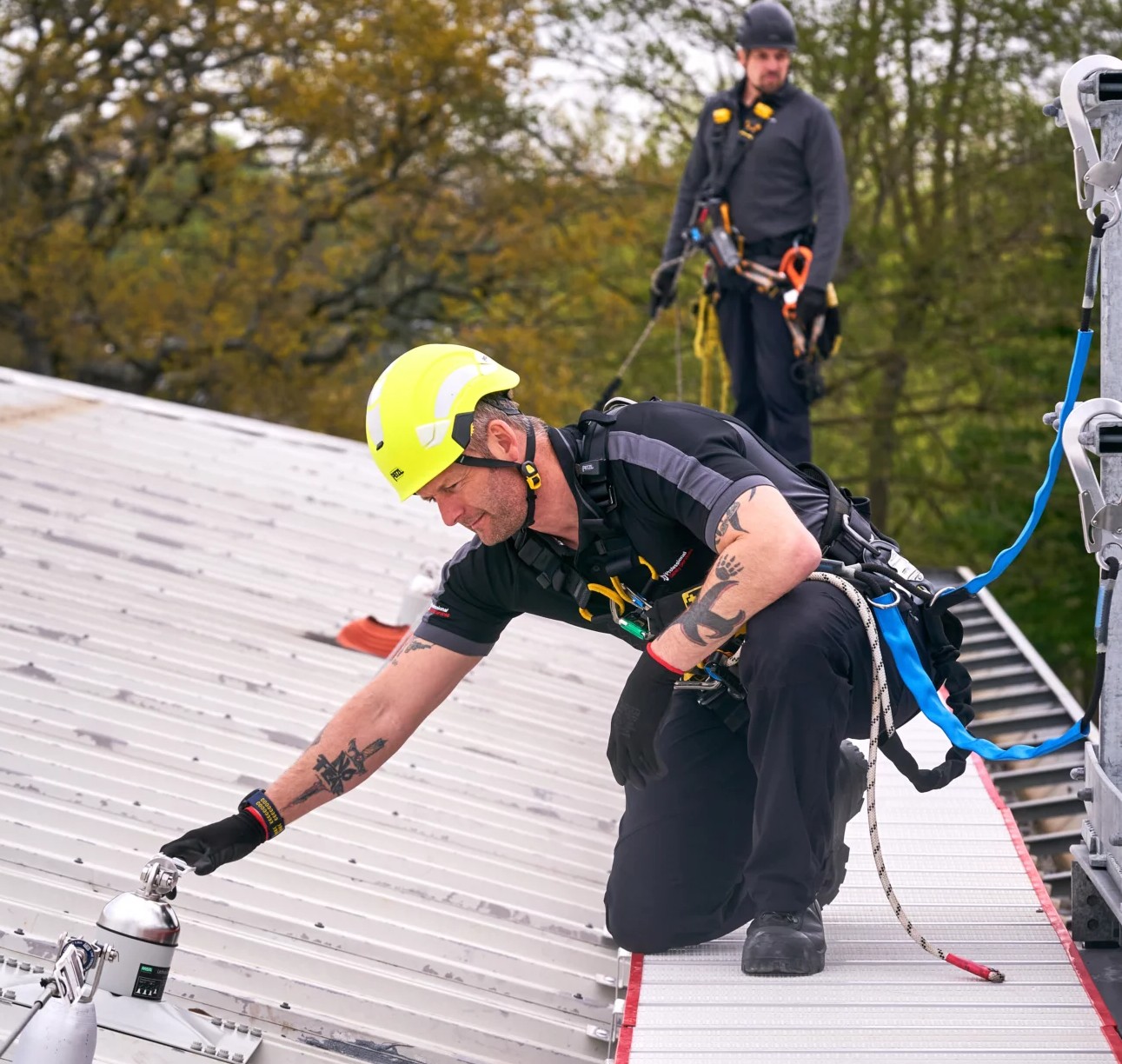 Team checking safety lines at height